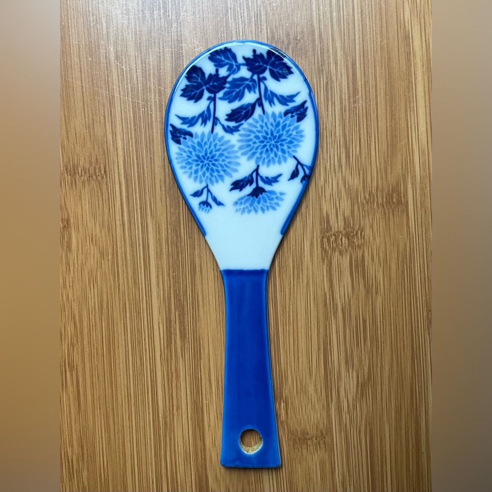 Vintage Kutani Ware Porcelain Japanese Rice Scoop - Shamoji Vtg Blue Sometsuke
